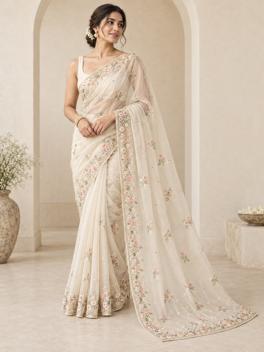 Chandni Ivory Organza Saree