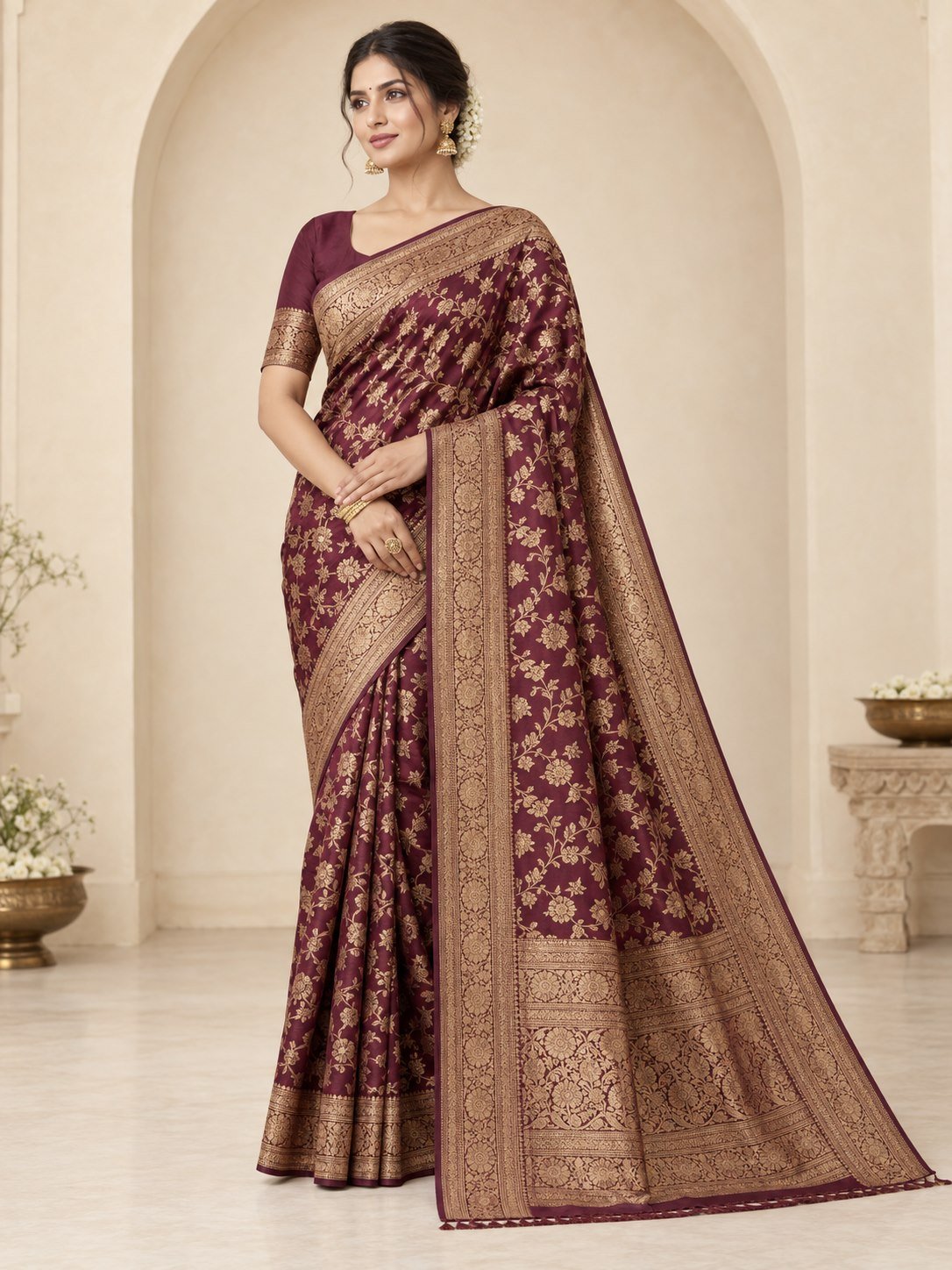 Noor Wine Banarasi Katan Silk Saree