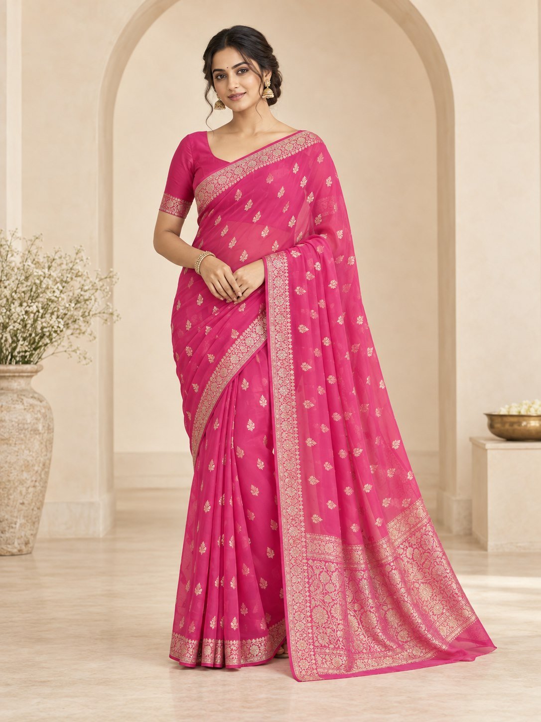 Gulnaz Rani Pink Banarasi Georgette Saree