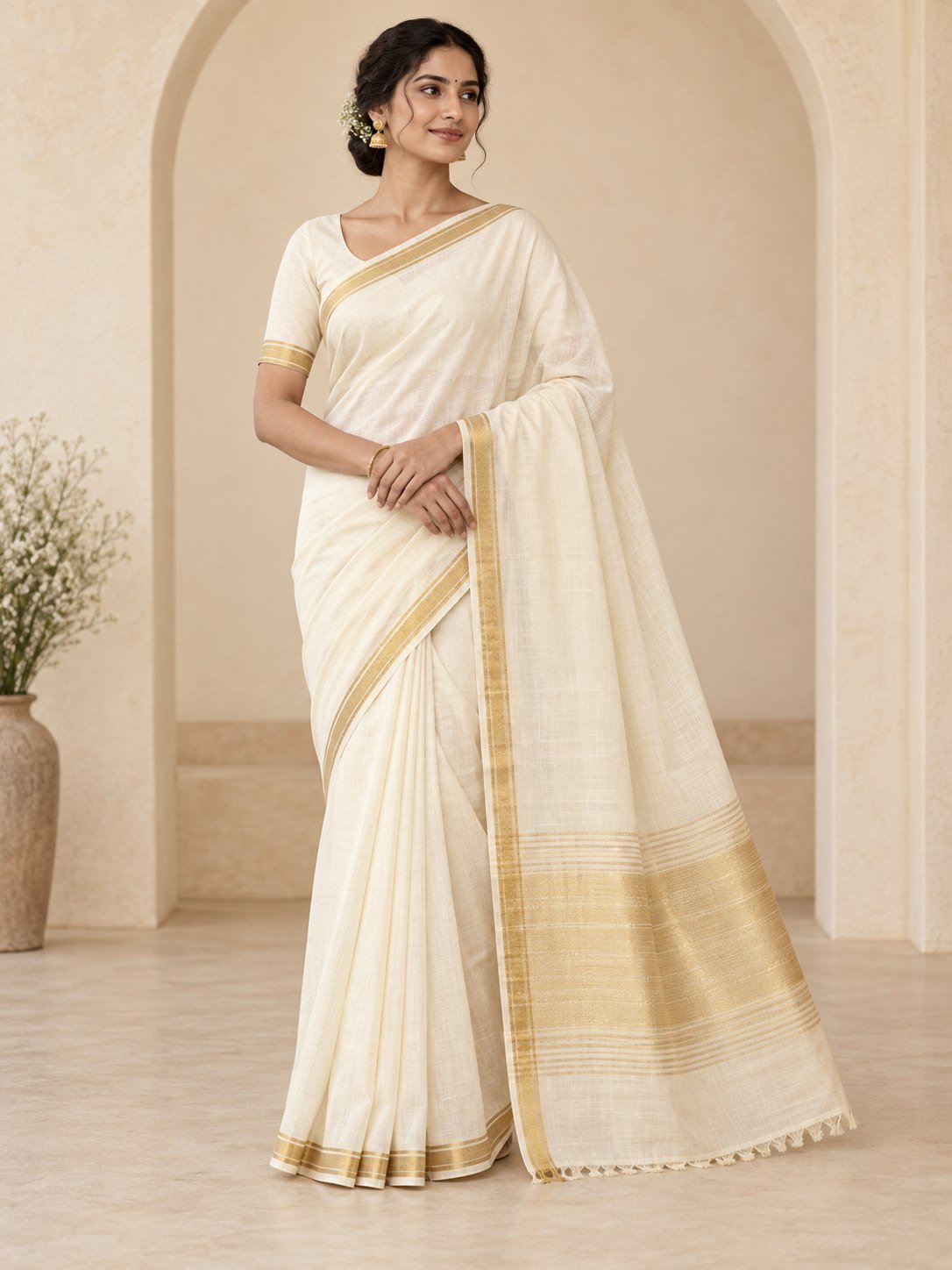 Mangalagiri Cotton Saree – Ivory & Gold