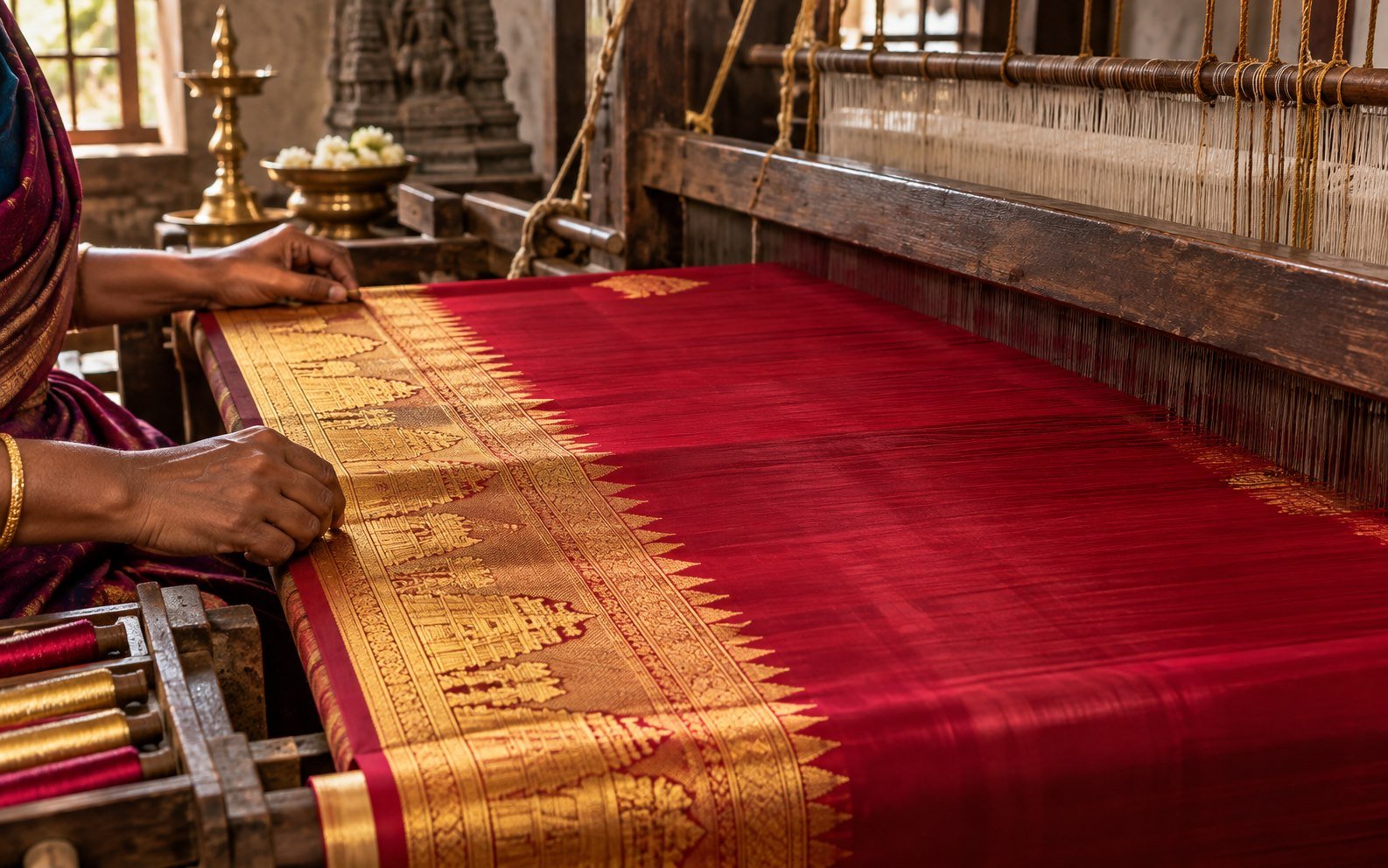 Kanjivaram saree being handwoven in Kanchipuram, Tamil Nadu